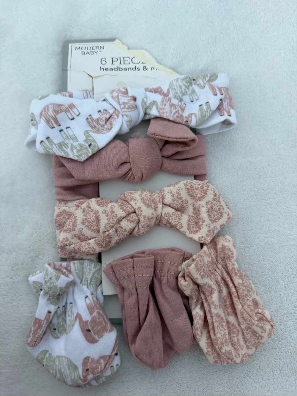 Marshalls Rose, Cream & Taupe Baby Headband and Mittens Set